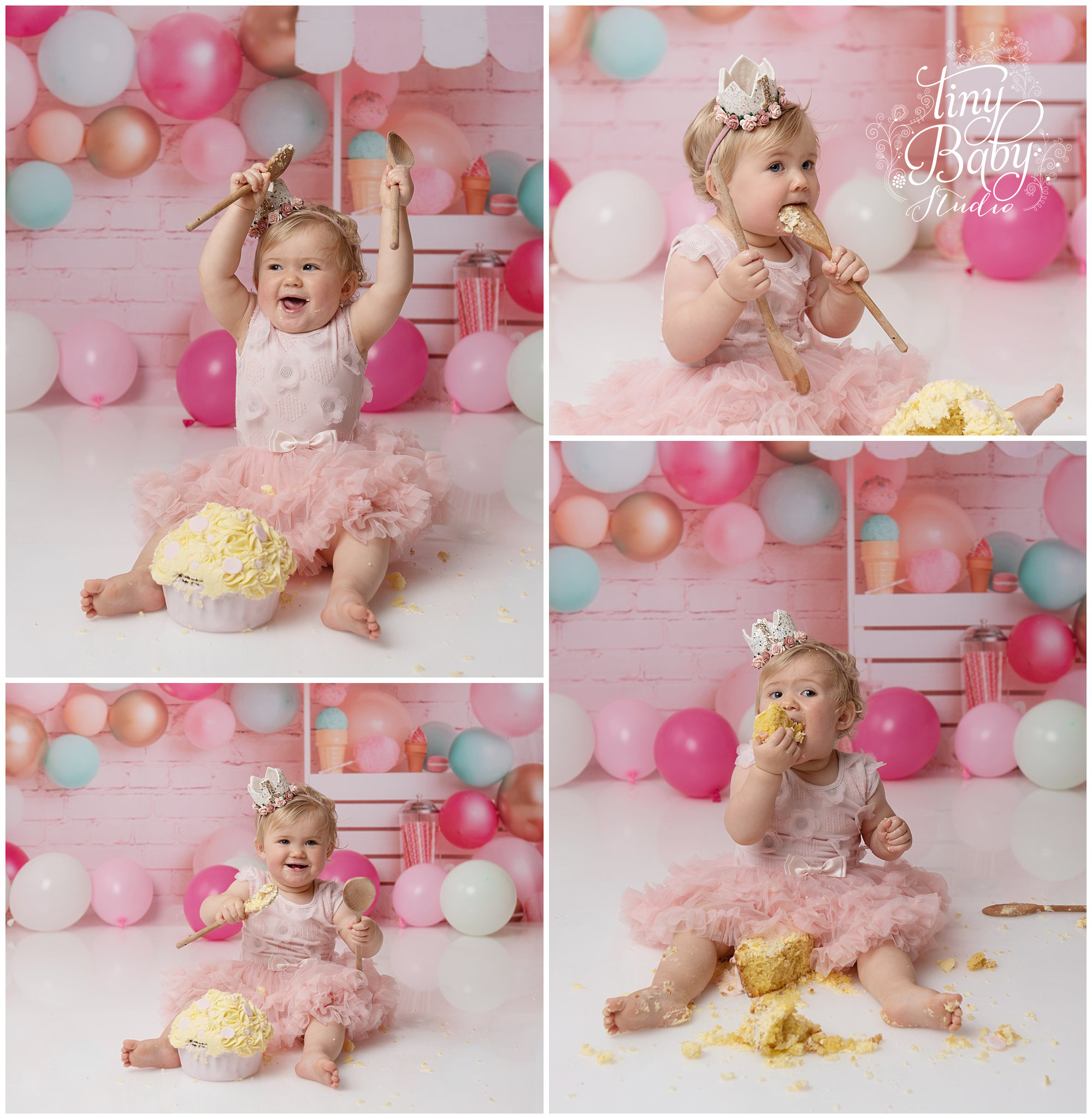Montage of baby enjoying cake smash at Tiny Baby Studio Newcastle