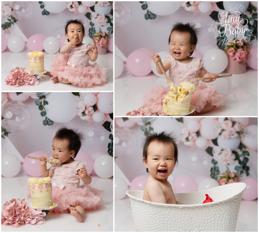 Baby enjoying cake smash and splash at Tiny Baby Studio